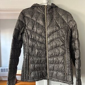 Michael Kors Black, Cream & Gold Leopard Print Packable Puffer Jacket | Size S